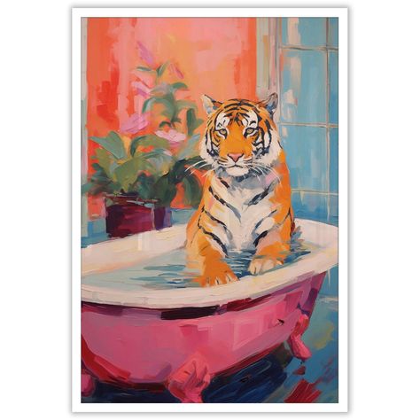 Preppy Wall Art, Poster Art Prints, Tiger Canvas, Kitsch Decor, Tiger Poster, Bathroom Artwork, Dopamine Decor, Wall Art Trendy, Ink Artwork