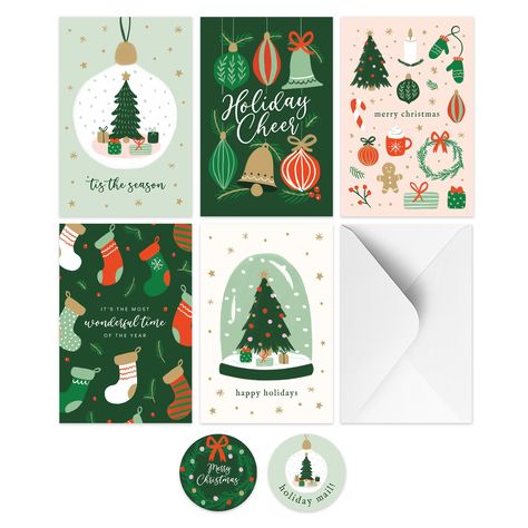 PRICES MAY VARY. ✅ BEAUTIFUL FESTIVE DESIGNS: Our bulk Christmas cards feature five unique designs, each capturing the essence of the holiday season with charming illustrations of Christmas trees, ornaments, stockings, and festive scenes. This holiday cards variety pack ensures you have a delightful card for everyone on your list, spreading joy and cheer with every message. ✅ CONVENIENT SIZE: Each card in our holiday cards variety pack measures 6x4 inches, the perfect size for sharing your heart Merry Christmas Cards, Bright Prints, Seasons Greetings Card, Holiday Messages, Family Christmas Cards, Heartfelt Messages, Santa Claus Is Coming To Town, Folded Paper, Cards With Envelopes