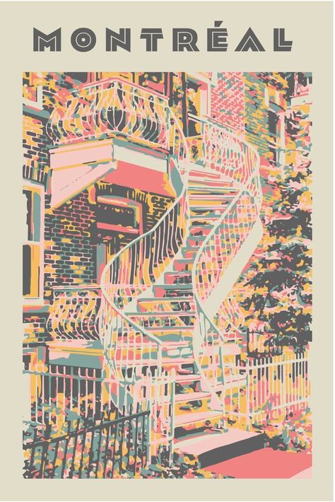 This poster features the iconic Montreal outdoor staircase, presented in three different palettes. Printed on heavyweight, acid-free paper, this giclée print will bring colour and personality to your walls. It is also the perfect gift for a loved one who appreciates quality and a retro look. All materials used are eco-friendly, vegan and cruelty-free. Montreal Art Print, Montreal Aesthetic, Montreal Poster, Outdoor Staircase, Montreal Art, Canada Logo, Logo Reference, Vintage Style Poster, Wine Flowers