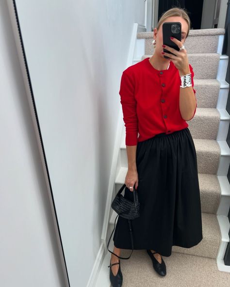 Lydia Tomlinson | Transitional outfit inspo from past to present 🍂 | Instagram How To Style A Red Cardigan, Lydia Tomlinson Outfits, Red Striped Shirt Outfit, Cardigan Work Outfit, Red Cardigan Outfit, Red Skirt Outfits, Lydia Tomlinson, Outfits With Striped Shirts, Red Striped Shirt