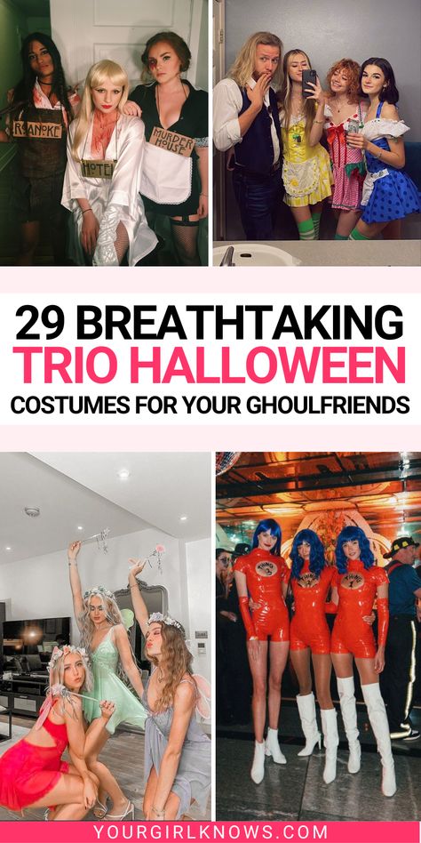 Stop searching and start celebrating in style this Halloween with these 29 hottest trio costumes. Perfect for you and your friends, show off your creativity at any party or event! Don't wait, dress up your squad with these unique ideas now! Costume For Three Girls Ideas, Halloween Costume Group 3 Person, Trio Fancy Dress Ideas, Triples Halloween Costumes, Halloween Costumes Women 3 Friends, Costume Ideas For Three Friends, 3 People Costume Ideas Funny, Trio Fancy Dress, Trio Character Costumes