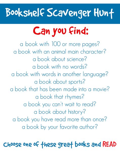 Challenge Kids to a Bookshelf Scavenger Hunt | Parents | Scholastic.com School Library Lessons, Library Orientation, Passive Programs, Reading Printables, Library Games, Library Lesson Plans, Library Week, Elementary School Library, Library Skills