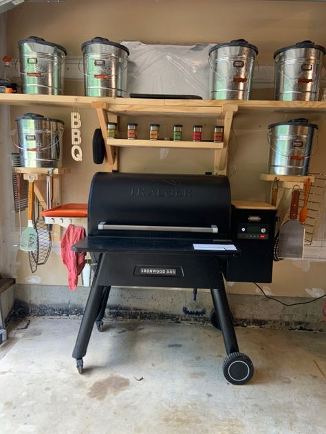 Traeger Grill Setup, Garage Grill Storage, Garage Grilling Station, Traeger Backyard Setup, Grill Pellet Storage Ideas, Grill Organization Ideas, Bbq Utensil Storage, Barrel Smoker, Outdoor Organization