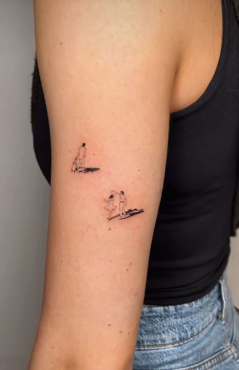 Picture Silhouette Tattoo, Standing In The Rain Tattoo, People Walking Tattoo, French Inspired Tattoos, Small People Tattoo, Tiny People Tattoo, London Inspired Tattoo, Tiny Dancer Tattoo, Dancers Tattoo