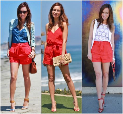 Sydne Style red shorts Bebe tie front shorts how to wear the trend Red Shorts Outfits Women, Red Shorts Outfit Summer, Red Summer Dress Outfit, Short Red Dress Outfit, Red Shorts Outfit, Short Vermelho, Red Monochromatic, Coral Shorts, Shorts Outfits Women