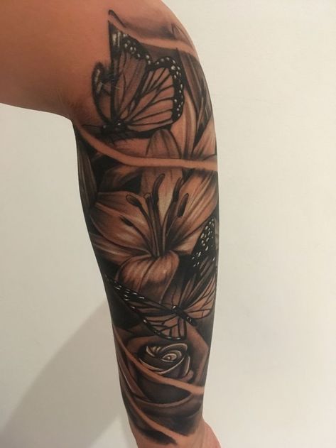 Graden Sleeve Tattoo, Full Forearm Tattoos For Women, Half Leg Tattoos Women, Color Tattoo Ideas Female, Leg Tats For Women, Half Back Tattoos Women, Female Sleeve Tattoo Black Women, Font Tato, Tato Paha