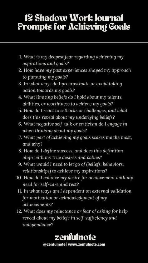 Engaging in shadow work to achieve aspirations and goals involves confronting the parts of yourself that you might not be fully aware of, which can hold you back or sabotage your success. This deep self-reflection can illuminate hidden fears, limiting beliefs, and unresolved conflicts, enabling you to move forward more freely. Work Journal Prompts, Shadow Work Journal Prompts, Shadow Work Spiritual, Therapy Questions, Shadow Work Journal, Daily Journal Prompts, Work Journal, Work Success, Reflection Questions