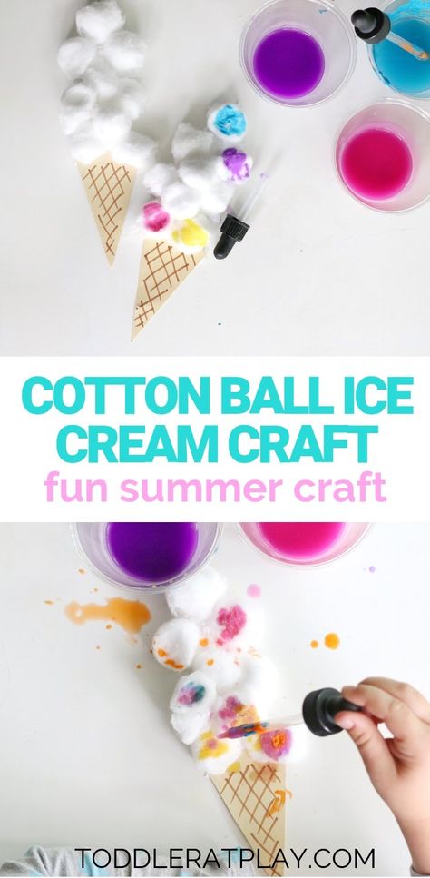 Cotton Ball Ice Cream Craft - Toddler at Play | Kids Crafts & Activities - Crafts Ice Cream Craft, Cotton Ball Crafts, Ice Cream Crafts, August Crafts, Fun Summer Crafts, Morning Tubs, Ice Cream Art, Kids Thanksgiving, Baby Sitting