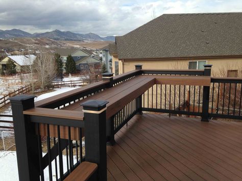 Deck With Cooking Area, High Elevation Deck With Patio, Deck With Built In Bar, Upstairs Patio Ideas Balconies Decks, Undercover Deck Ideas, Deck With Built In Grill, Raised Back Deck Ideas, Back Deck With Stairs, Elevated Back Deck Ideas