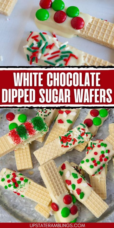 These White Chocolate Dipped Sugar Wafers are the perfect no-bake Christmas treat! With just a few ingredients and a little time, you can create a festive and tasty dessert. The combination of crunchy wafers and smooth white chocolate is a holiday favorite everyone will love. Christmas Dipped Sugar Wafers, Christmas Sugar Wafer Cookies, Sugar Wafers Dipped, Chocolate Dipped Wafers, White Christmas Treats, Chocolate Dipped Christmas Treats, Chocolate Covered Wafers, Chocolate Dipped Sugar Wafers, Sugar Wafers Recipe