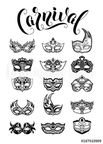 Stock Image: Vector collection of carnival masquerade masks isolated on white background Mascarade Mask Tattoo, Carnival Mask Tattoo, Carnival Mask Drawing, Masquerade Mask Drawing, Masquerade Design, Mask Draw, Mascarade Ball, Masquerade Mask Diy, Carnival Masquerade