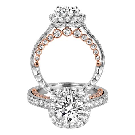 Searching for a truly exceptional engagement ring that combines platinum with rose gold? Then take a look at this setting from Jack Kelége's collection: it features a raised gallery, enticing cushion-shaped halo around your special round diamond and 1.75 ctw. of sparkling white accents. With a row of diamonds on the inside bezel-set in intriguing rose gold detail, this ring really is a stunner! www.diamonds.pro Wedding Bands With Engagement Ring, Rings Sets, Rose Diamond, Engagement Wedding Ring Sets, Oval Engagement, Engagement Rings Round, Round Diamond Engagement Rings, Platinum Engagement Rings, Wedding Rings Vintage