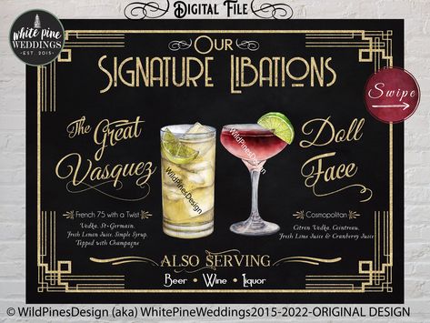 Speakeasy Wedding Reception, Art Deco Wedding Decorations, 1920 Wedding Theme, Prohibition Wedding, Speakeasy Ideas, Prohibition Cocktails, Speakeasy Wedding, Speakeasy Decor, Speakeasy Party