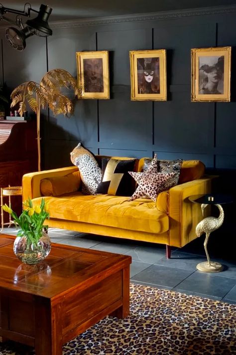 Home tour of the most glorious gold & animal print-packed interior Mustard Couch Living Room, Mustard Couch Living Room Ideas, Mustard Couch, Velvet Sofa Living Room, Couch Living Room Ideas, Popular Interior Design, Life On A Budget, Living Room Decor Colors, Interior Design Diy