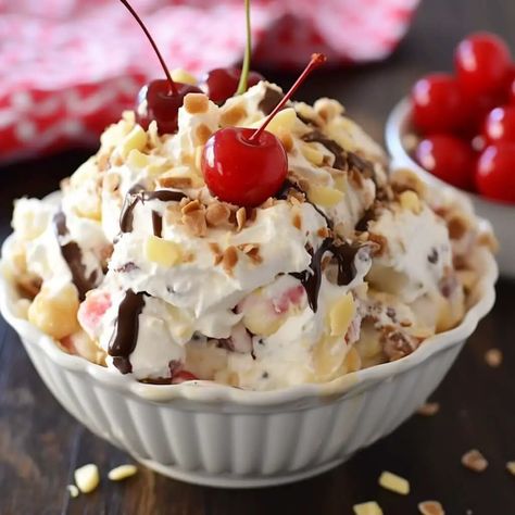 Banana Split Fluff Salad - Life with Susan Banana Split Salad, Banana Split Fluff Salad, Banana Split Fluff, Sliced Baked Potatoes, Easy Vanilla Frosting, Cranberry Loaf, Tiramisu Recipes, Banana Salad, Perfect Whipped Cream