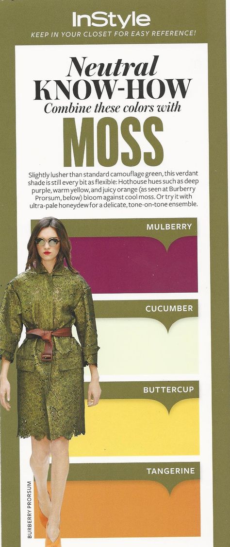 InStyle Keep in Your Closet for Easy Reference!  Neutral Know-How Combine these colors with Moss Instyle Color Crash Course, Color Theories, True Autumn, Colorful Clothing, Green Clothing, Colour Combinations Fashion, Color Combinations For Clothes, Busy Busy, Fashion Vocabulary