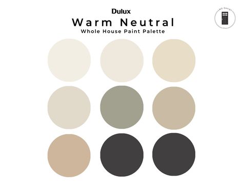 Warm Neutral Dulux (Canadian Color Codes) paint palette includes versatile colors with a cozy, warm neutral for a whole house paint color scheme. Picking the perfect paint color for your home should be a fun and easy experience! My paint color palette includes nine coordinating colors that are complementary to each other and work together for a cohesive look for your home. Paint Color Palette Package Includes: • 9 Designer selected paint colors.• Coordinating scheme selected by design profession Neutral Paint Color Palette, Warm Interior Paint Colors, Neutral Living Room Paint Color, Neutral Bedroom Paint, Whole House Paint Colors, Neutral Living Room Paint, Paint Color Pallets, Dulux Paint Colours, Cozy Colors Palette