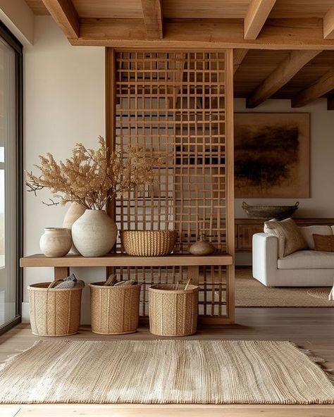 Ruang Tamu Outdoor, Rustic Hallway, Living Room Divider, Modern Rustic Living Room, Japandi Interior, Hallway Design, Dining Room Combo, Room Partition Designs, Open Space Living