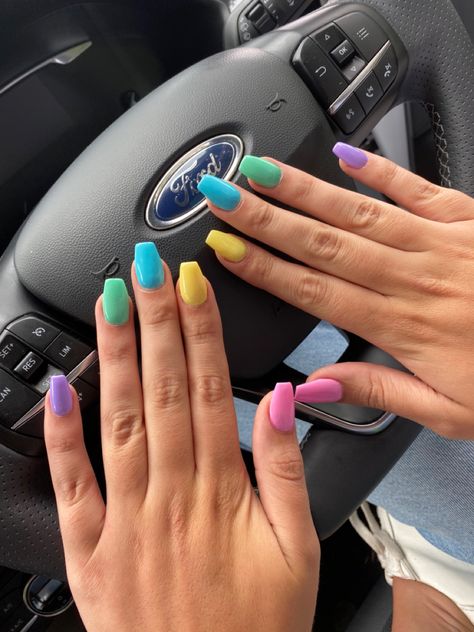 Split Colour Nails, Multicoloured Nails Summer, Multi Color Summer Nails, Neon Multicolor Nails, Pastel Acrylic Nails, Multi Colored Nails, Multicoloured Nails, Nails Different Colors, Easter Nails Acrylic