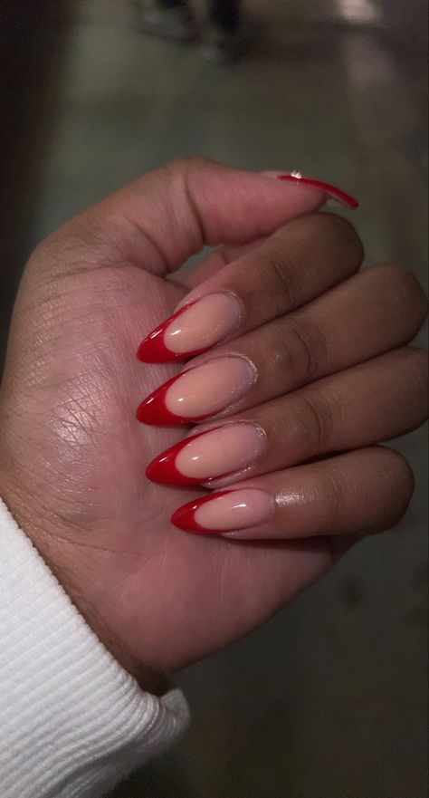 Red Nails Ideas Almond Shape, Ted French Tip Almond Nails, Red Nail Set Almond, Red Tip Acrylic Nails Almond, Almond Shaped Red French Tip Nails, Red French Tip Acrylic Nails Almond, Red Deep French Tip Nails, Red Almond Nails Christmas, Formal Red Nails