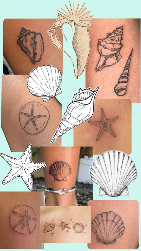 Seashell Matching Tattoo, Tattoo In Hawaii, Places To Put Tiny Tattoos, Summer Matching Tattoos, Seashell Hand Tattoo, Creative Gemini Tattoo, Small Sea Tattoos For Women, Seashell With Flower Tattoo, Shells Tattoo Ideas