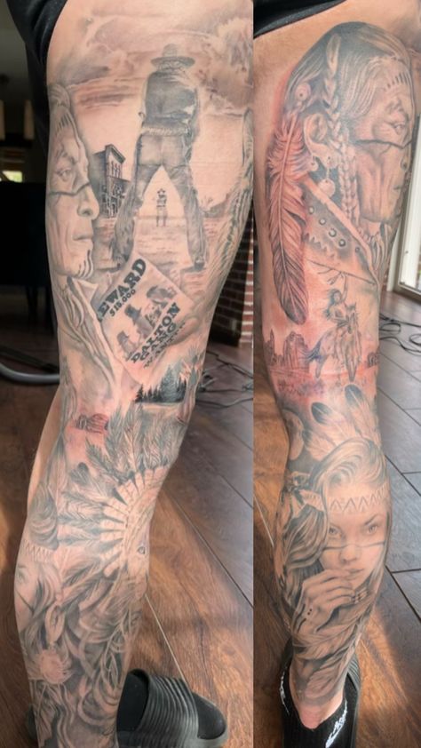 #cowboy #indiantattoo #sleeve #tattoo Cowboys And Indians Tattoo, Cowboy And Indian Tattoo, Tattoo Leg Sleeve, Cowboy And Indian, Cowboy Tattoos, Tattoo Leg, Indian Tattoo, Cowboys And Indians, Leg Sleeve