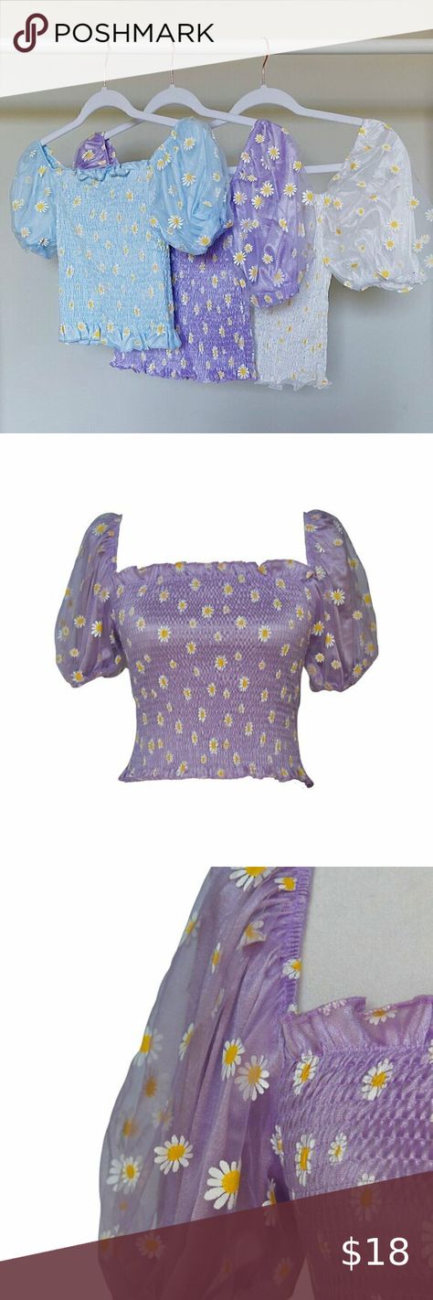 Daisy Summer Crop Top Summer Crop Top, Purple I, Summer Crop Tops, Puffy Sleeves, Blue Check, Stretchy Material, Daisy, Crop Top, Super Cute