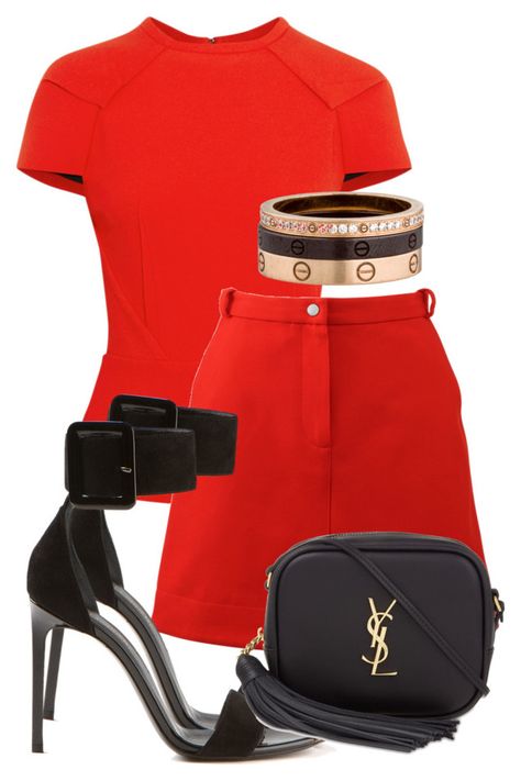 Sem título #2352 by mariandradde on Polyvore featuring Roland Mouret, Carven, Yves Saint Laurent and Cartier Red Polyvore Outfits, Luxury Red Chic Skirt, Femme Fatale/dangerous Woman Dress To Impress, Ruffle Tops Outfit, Luxury Red Mini Skirt, Italian Glam, Outfit Informal, Black Bloggers, Classy Outfits For Women