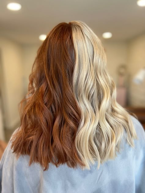 Half warm blonde & half copper red Copper And Platinum Split Dye, Copper Blonde Split Dye, Half Blonde Half Copper, Half Copper Half Blonde Hair, Half Blonde Half Red Hair, Half Red Half Blonde Hair, Red And Blonde Split Dye, Half Blonde Half Ginger Hair, Half Half Hair