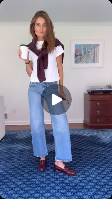 meg defeo on Instagram: "Happy Wednesday 💫 These jeans have quickly worked their way into the top of my rotation — they’re super flattering, I love the wash & they are incredibly comfortable — the best part is they ring in at just over $100. Wearing my go-to white T-shirt for fall/winter. The slightly higher collar makes it perfect for peaking out above your crewneck sweaters for effortless styling. It’s currently IN STOCK (RUN!! It always sells out) & under $50!! && the sweater I borrowed from the boys (sorry KCD!) because it felt perffeccttt with my new loafers 🍂✨📓   ✨ Comment OOTD, and I’ll send you a link with all my outfit details and sizing notes.   ❤️ Follow for no-fuss, throw-on-and-go chic everyday outfit inspiration. Let’s rebuild the habit of getting dressed together!" White Shirt Under Sweater, Shirt Under Sweater, Fair Photoshoot, Crewneck Sweaters, Run It, Getting Dressed, My Outfit, Everyday Outfit, Plain Shirts