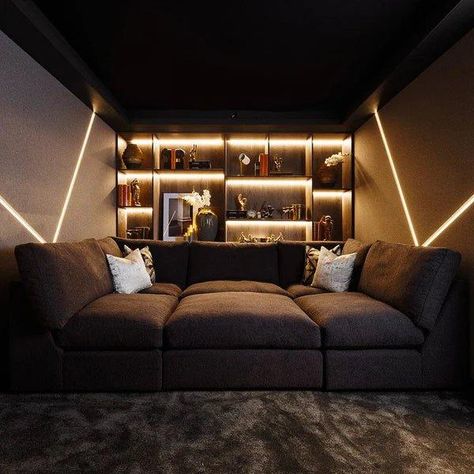 Home Statement Pieces, Family Cinema Room, Loft Sofa Ideas, Loft Tv Room Ideas, Cinema Room Aesthetic, Chill Out Room Ideas, Cozy Tv Room Ideas, Dark Contemporary Living Room, Small Cinema Room Ideas