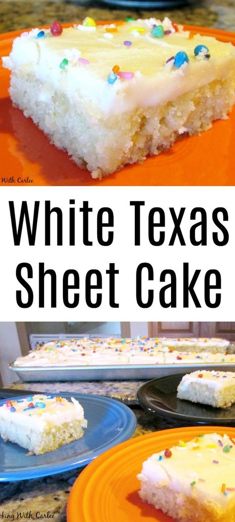 This sheet cake is perfect for feeding a crowd. White cake and white frosting is my dad's favorite combination. It is a quick and easy cake that will be popular at your next BBQ or potluck! White Texas Sheet Cake, Texas Cake, Texas Sheet Cake Recipe, Carrot Fries, Texas Sheet, Texas Sheet Cake, White Cakes, Dessert Simple, White Frosting