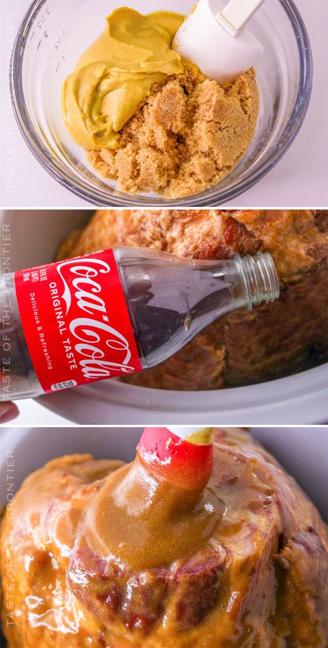 You'll love this simple and delicious Coca-Cola Ham made in either the slow cooker or the oven. It makes holiday prep so easy! Coca Cola Ham Glaze, Crockpot Ham With Coke Coca Cola, Crockpot Coke Ham, Coke Ham In Oven, Ham With Coke And Brown Sugar, Cola Ham Slow Cooker, Coca Cola Glazed Ham, Crockpot Bone In Ham Recipes, Bone In Ham In Crockpot