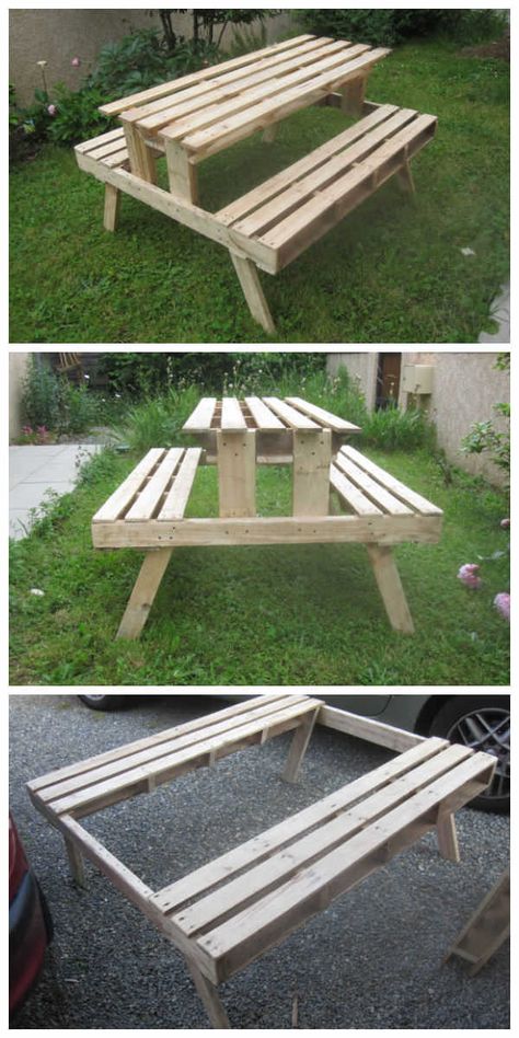 #DIY, #Garden, #PalletBench, #PalletTable, #RecycledPallet Atrium Architecture, Garden Picnic Table, Pallet Picnic Tables, Wood Table Diy, 1001 Pallets, Pallet Patio, Garden Picnic, Pallet Designs, Outdoor Furniture Plans