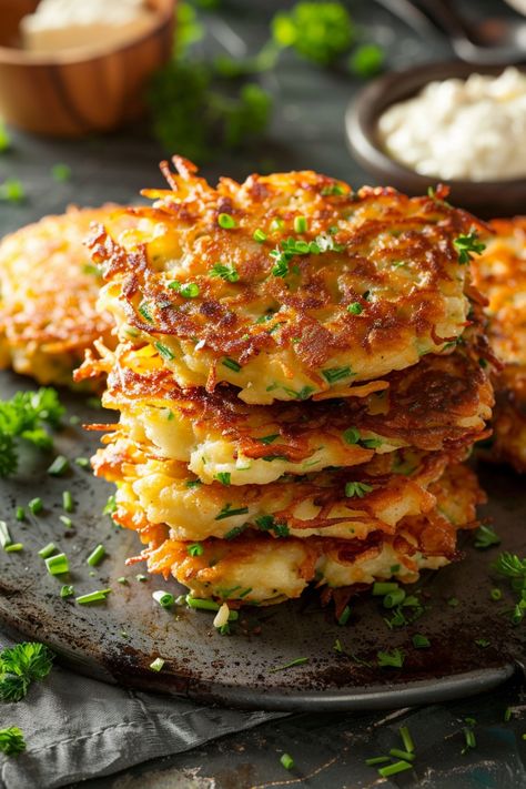 A stack of crispy potato pancakes garnished with chopped chives. Latkes Aesthetic, Fried Potato Pancakes, Crispy Potato Pancakes, Latkes Recipe, Potatoe Pancake Recipe, Hanukkah Party, Tamale Recipe, Potato Latkes, Matzo Meal