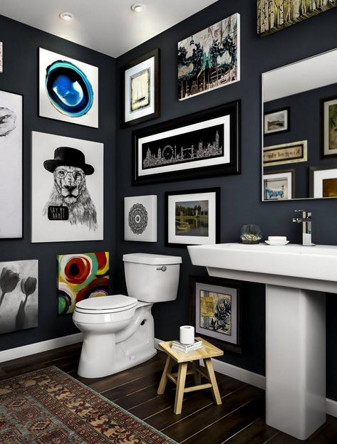 Interesting Walls, 60s Bathroom, Bathroom Gallery Wall, Navy Bathroom, Paint Walls, Dark Bathrooms, Restroom Design, Powder Room Decor, Bathroom Gallery