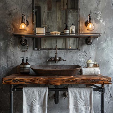 6+ Industrial Master Bathroom Remodel Ideas for Urban Edge • 333+ Art Images Rustic Industrial Bathroom Ideas, Industrial Shower Ideas, Industrial Chic Bathroom, Industrial Bathroom Ideas, Industrial Sink Bathroom, Industrial Modern Bathroom, Rock Bathroom, Concrete Elements, Diy Bathroom Sink