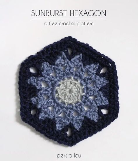 Sunburst Crochet Hexagon Pattern - Persia Lou Crochet Hexagon Pattern, Crochet Sunburst, Crochet Hexagons, Crochet Box Stitch, Star Lily, Hexagon Crochet Pattern, Crochet Throws, Hexagon Crochet, Lion Brand Wool Ease