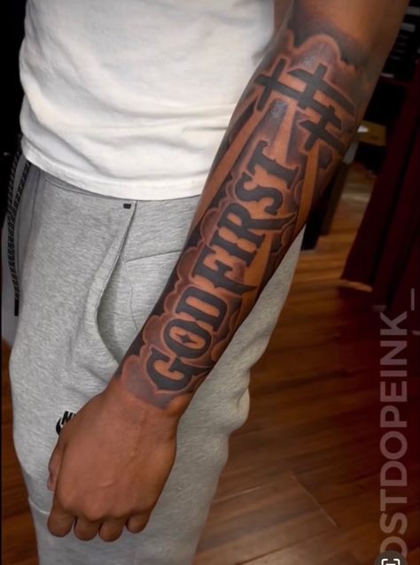 Arm Tats For Guys, Mens God Tattoos, Picture Tattoos Men, Men Tattoos Arm Sleeve Aesthetic, 1of 1 Tattoo, God First Tattoo Men, Back Side Forearm Tattoo, Sleeve Tattoos Ideas For Guys, Tattoo Ideas For Men Dark Skin