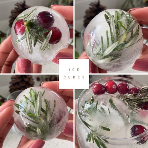 Christmas Ice Balls, Christmas Ice Cube Ideas, Cranberry Rosemary Ice Cubes, Christmas Hosting Decor, Dry Ice Food Presentation, Fancy Christmas Party Ideas, Holiday Ice Cubes, Festive Ice Cubes, Rosemary Ice Cubes