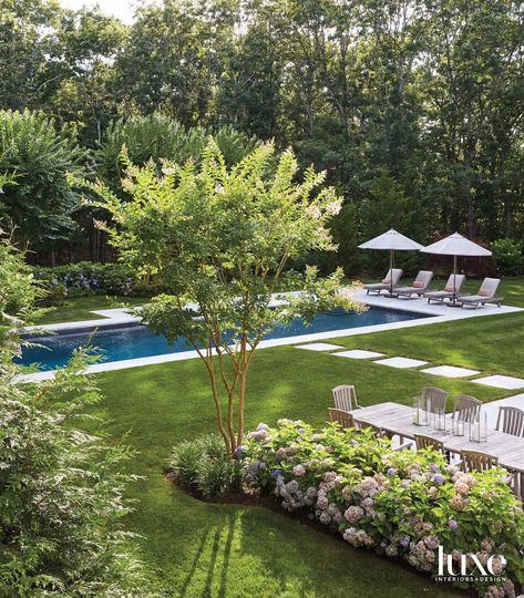 Gardens With Pools Ideas, Miami Pool Landscaping, Sloped Pool Ideas, Walkway From House To Pool, Pool At Back Of Yard, Pool Landscape Architecture, Beautiful Landscape Backyard, Pool Design Rectangle, Hamptons Style Backyard With Pool