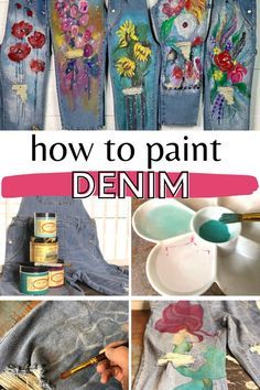 Painted Flannel Shirt Diy, Jeans With Painted Flowers, Patch Jeans Diy Tutorials, How To Paint Pants, Painted Overalls Diy, Painted Jean Jacket Diy, Diy Overalls From Jeans, Denim Painting Ideas, Diy Painted Denim