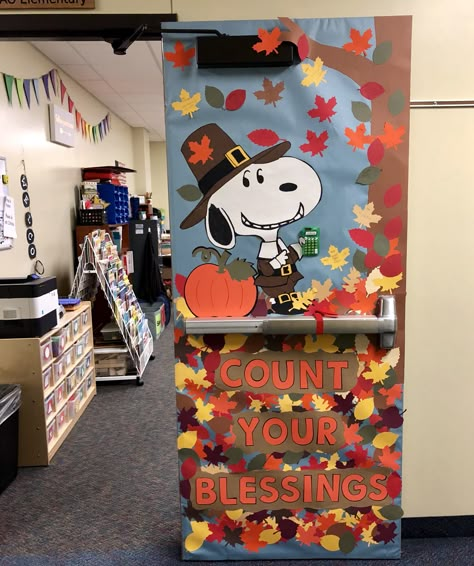 Snoopy! Fall door decor! Count your Blessings Thanksgiving Fall Classroom Doors, Charlie Brown Thanksgiving Door Decorations, Snoopy Fall Classroom Door, Snoopy Thanksgiving Classroom Door, Snoopy Thanksgiving Bulletin Board, November Class Door Ideas, Door Decoration Thanksgiving, Snoopy Fall Bulletin Board Ideas, Snoopy Fall Decor