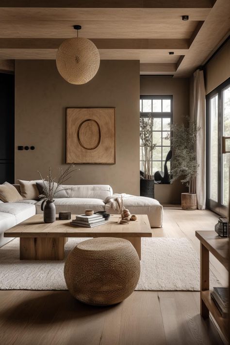 Japandi Country House, East Meets West Interior Design, Rustic Earthy Living Room, Wabi Sabi Living Room Interior Design, Eastern Interior Design, Japandi Farmhouse, Japandi Style Interior, Zen Living Rooms, Casa Open Space