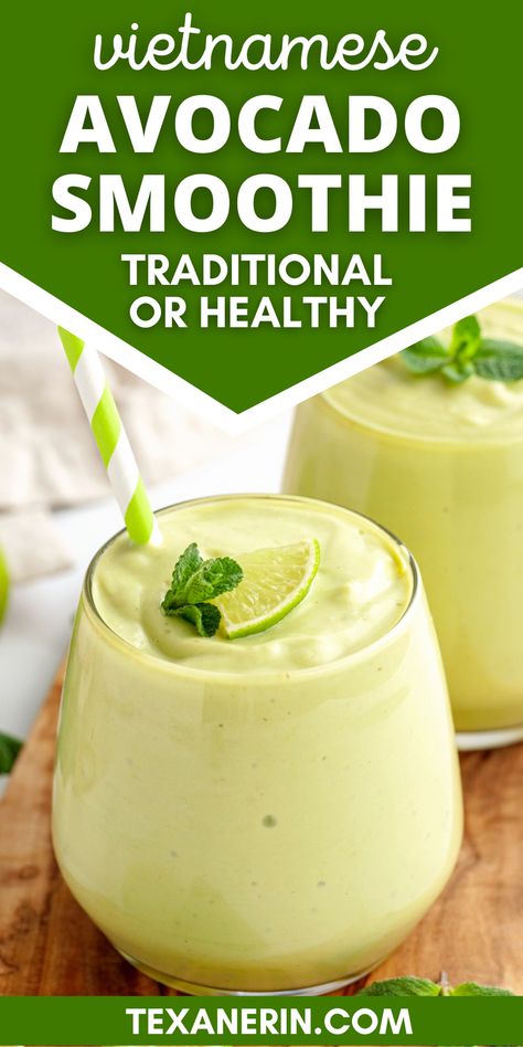 This Vietnamese Avocado Smoothie is simple, sweet, and creamy. This recipe includes options to make it the traditional way with sweetened condensed milk or the healthier paleo and vegan way with maple syrup and coconut milk. Great summer smoothie! Vegan Avocado Smoothie, Easy Vegan Smoothie Recipes, Healthy Summer Smoothies, Coconut Milk Dessert, Dietary Plan, Coconut Water Smoothie, Fresh Juice Recipes, Avocado Smoothie Recipe, Coconut Milk Smoothie