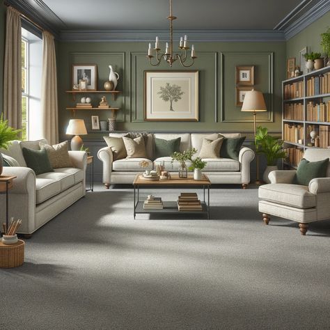 gray carpet and olive green walls Green Walls Living Room Colour Schemes, Green Paint Living Room, Brown Living Room Color Schemes, Olive Green Rooms, Olive Living Rooms, Colours That Go With Grey, Warm Grey Walls, Green Walls Living Room, Dark Green Living Room