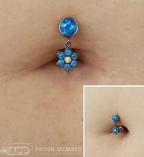 Fully healed “floating navel” piercing on Dana featuring her custom ordered dark blue and white opal dangle with a cute lil titanium flower from @anatometalinc! #navelpiercing #piercednavels #floatingnavel #flowerpower #darkblueopals #whiteopals... Floating Navel Jewelry, Floating Belly Piercing, Floating Navel Piercing Jewelry, Floating Belly Button Piercing, Floating Navel Piercing, Jewlery Tattoo, Beautiful Piercings, Floating Navel, Hip Piercings