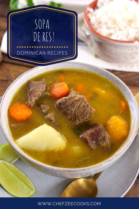 Sopa de Res con Fideos is a Dominican Style Beef Soup with grass-fed beef and hearty vegetables like potatoes, yuca, auyama, carrots and more. This easy soup recipe is very similar to Dominican Sancocho and can be enjoy with perfectly cooked white rice and even tostones! This is the perfect comfort food and winter soup recipe! Dominican Sancocho, Sancocho Recipe, Dominican Style, Easy Homemade Soups, Cooked White Rice, Winter Soup Recipe, Beef Soup Recipes, Potatoes And Carrots, Winter Soup