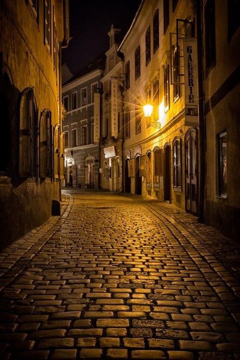 Cobblestone streets Cesky Krumlov, Czech Cobblestone Streets Aesthetic, Cobblestone Aesthetic, Rainy Alleyway, Cobblestone Street, Street At Night, Cesky Krumlov, Cobblestone Streets, City Photography, City Aesthetic