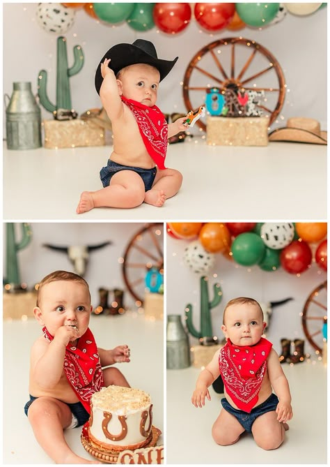 In this lively cake smash session, a little cowboy celebrates his first rodeo surrounded by charming Western-themed props. The scene features cactus decorations, hay stacks, and vibrant balloon garlands in green, brown, and white. A playful cow pattern, vintage wagon wheel, and cowboy hats add rustic charm. The atmosphere brims with joy and country flair, capturing the excitement of this special milestone. My First Rodeo Birthday Boy Smash Cake, Cowboy Smash Cake Boys, Cowboy First Birthday Cake, First Rodeo Photoshoot, First Rodeo Cake Smash, Western Cake Smash, Rodeo Cake Smash, My First Rodeo Smash Cake, Western Smash Cake